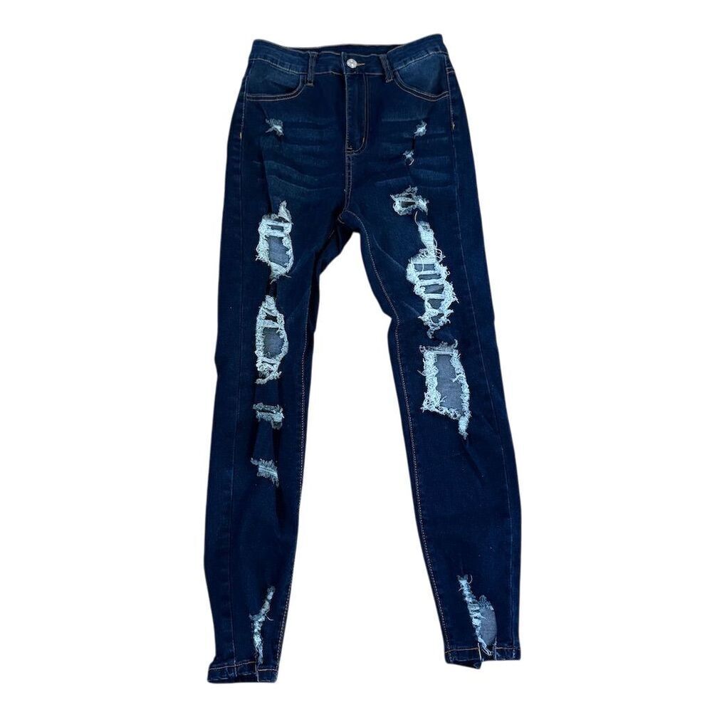 Women's Distressed High Rise Skinny Jeans Blue Size 6 Dark Wash